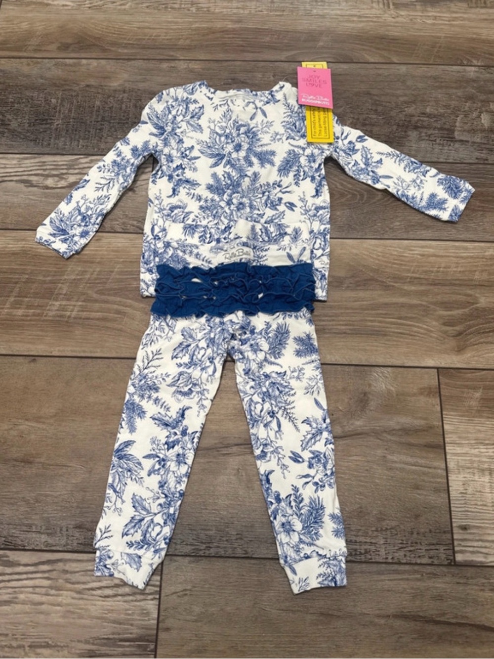 Ruffle Butts White and Blue Floral Pajama Set with Blue Ruffle Waistband